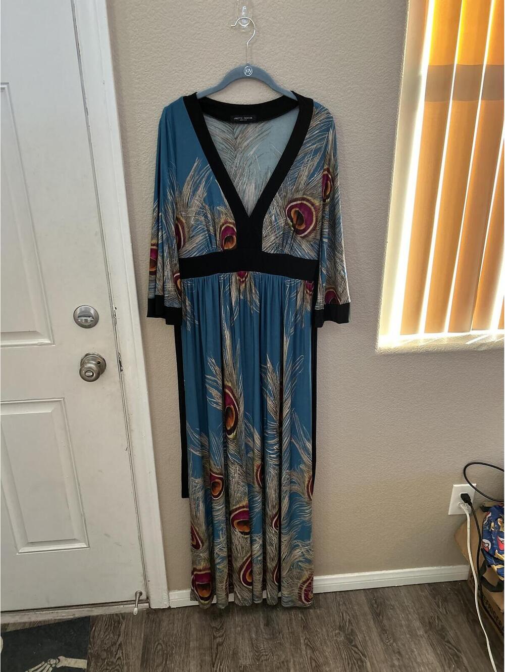 Janette Fashion Blue Maxi Dress with Peacock Feather Print